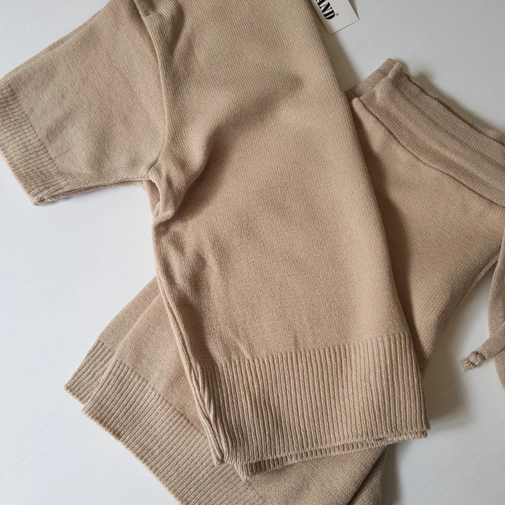 Beige Knit Short And Tee Set Soft Stretch Shorts And T-shirt Coordinates - Picture 13 of 15